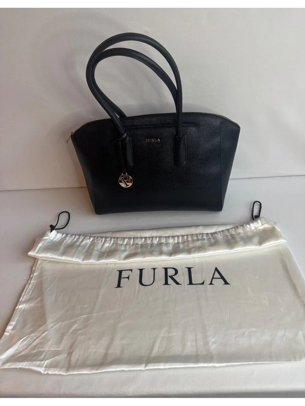 Furla Tessa Large Tote Black Saffiano Leather Gold F Charm Zip Top